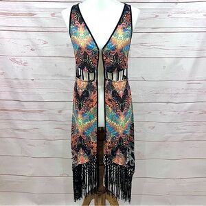 Bebe Boho Festival Geometric Kaleidoscope Tassel Fringe Duster Kimono Cardigan